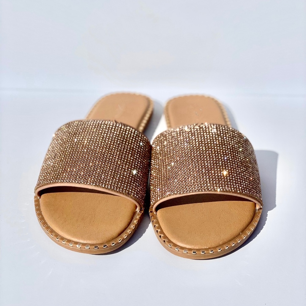 Rose Gold Rhinestone Flat Sandals - Picture 3 of 7